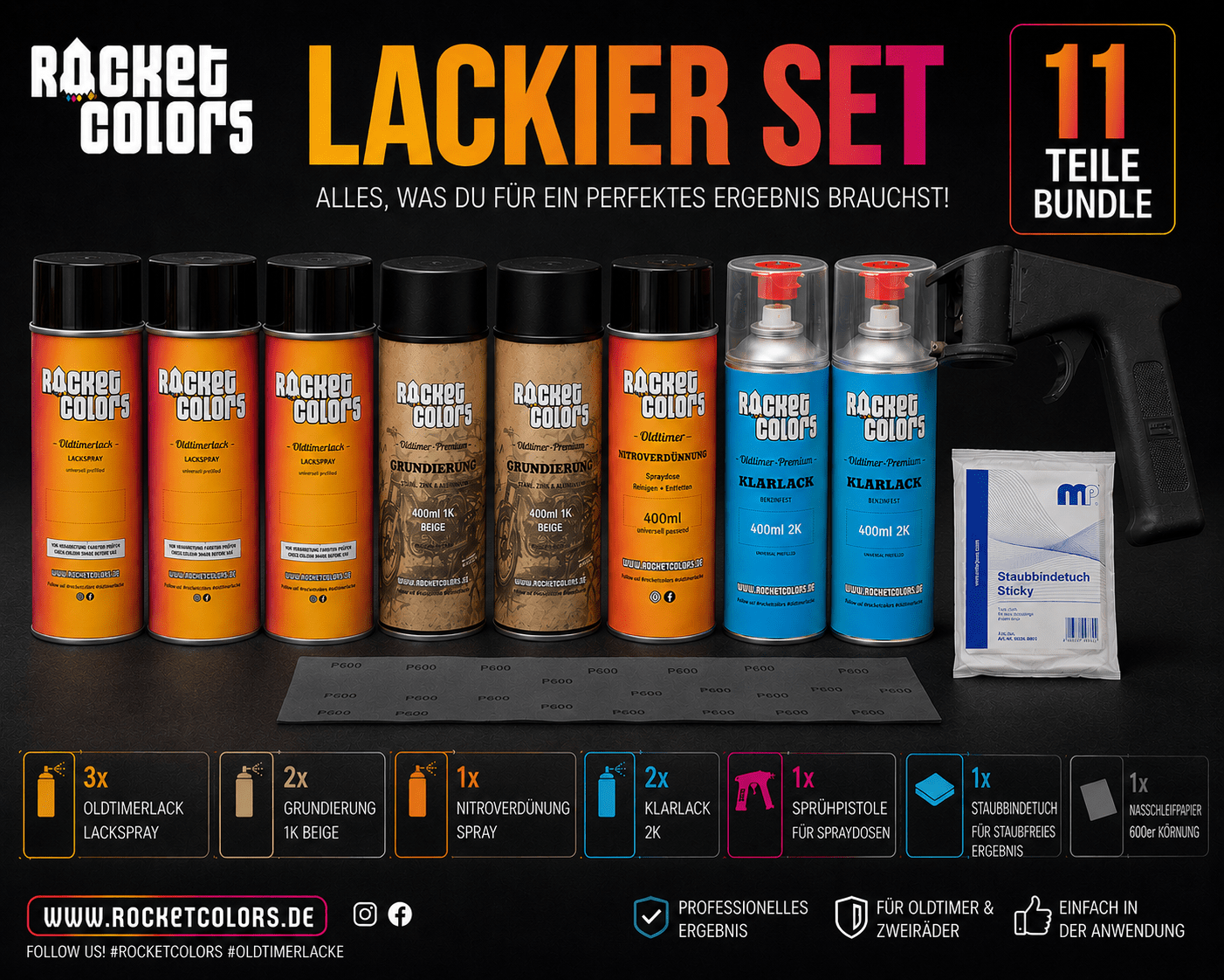 Hercules Lackierset – 11 - teiliges Spraydosen Komplett - Set - Rocketcolors