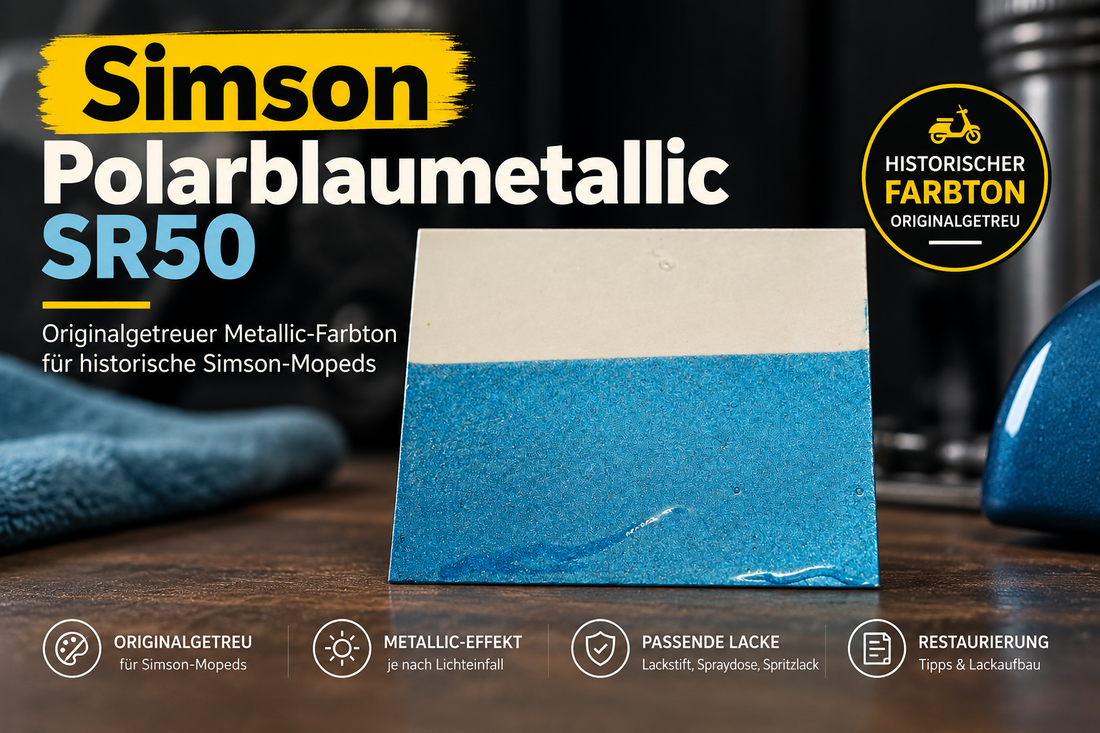 Simson Polarblaumetallic SR50 als originalgetreuer Metallic-Farbton für die Restaurierung