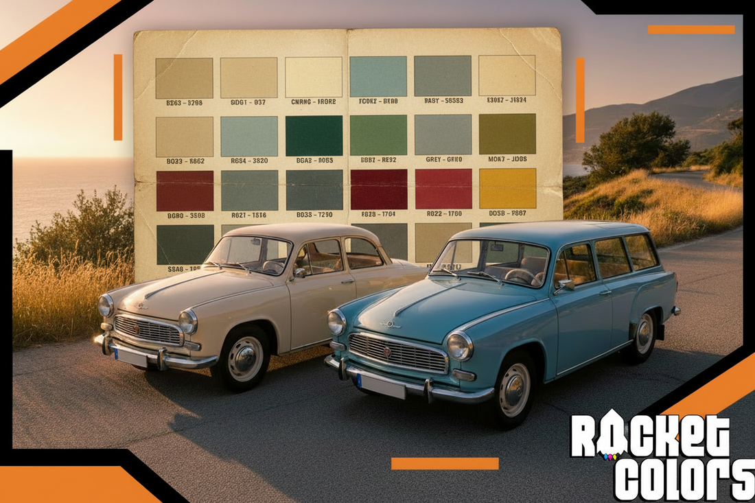 Zwei Wartburg Oldtimer vor einer originalgetreuen Wartburg Farbmustertabelle – Rocketcolors