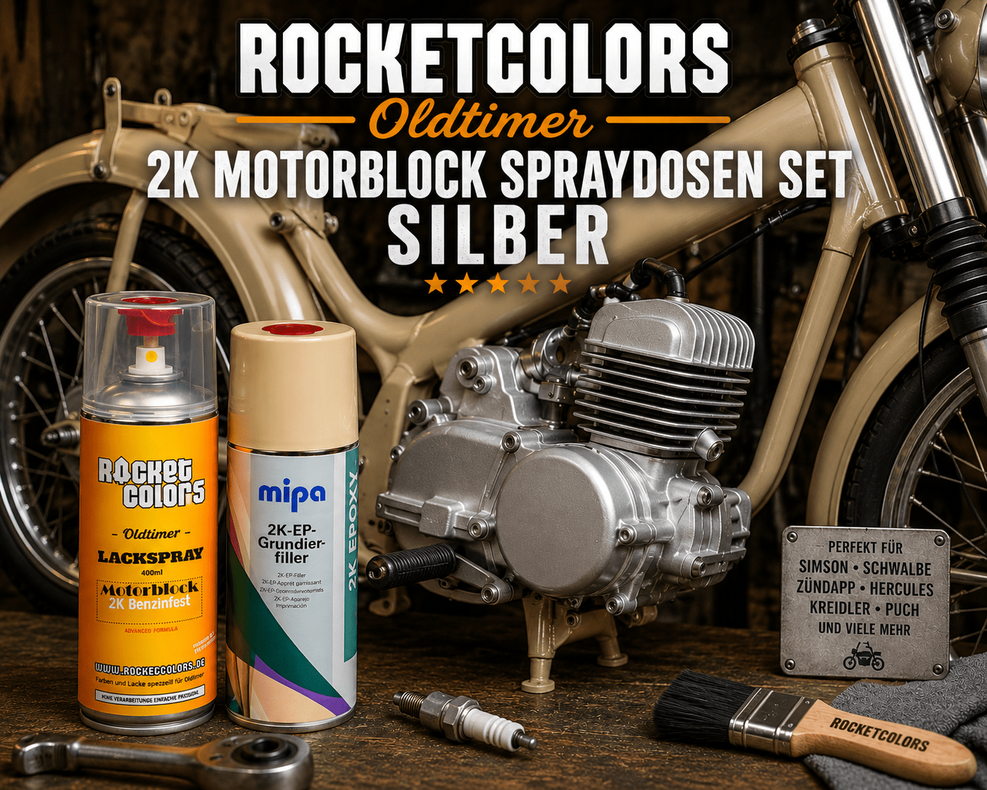 Rocketcolors 2K Oldtimer Motorblock Farben Set Silber benzinfest - Rocketcolors