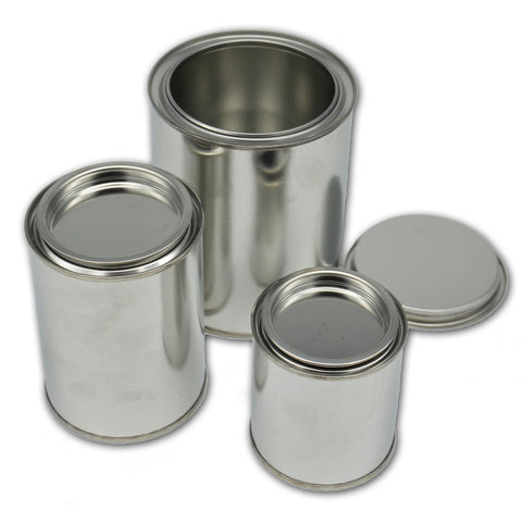Empty tinplate paint cans with lids